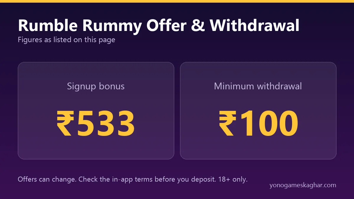 Rumble Rummy bonus and withdrawal